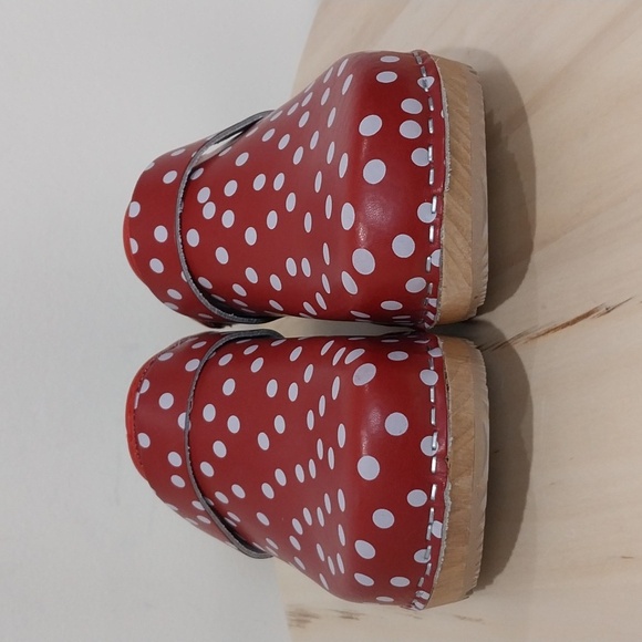 BJork Swedish Comfort Red Polka Dot Clogs Size 39 Woodend Wedge Mule Clog Shoes - Picture 6 of 14